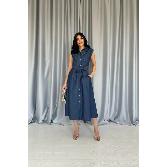 Mavi Tencel Çıtçıtlı Elbise