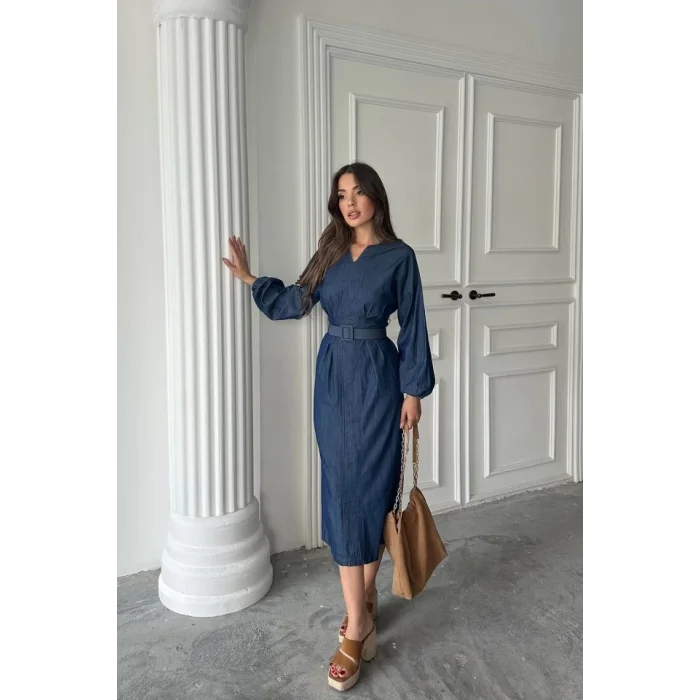 Mavi Tencel Uzun Kollu Elbise