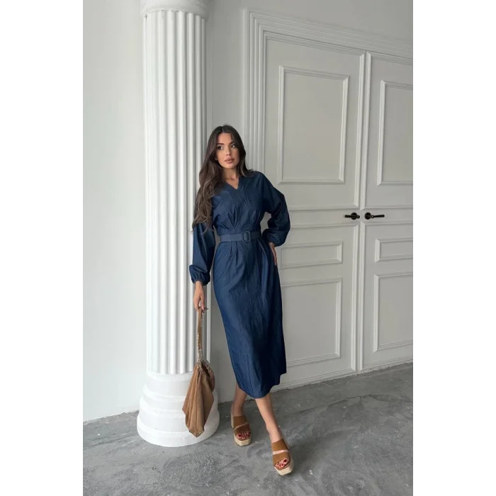 Mavi Tencel Uzun Kollu Elbise
