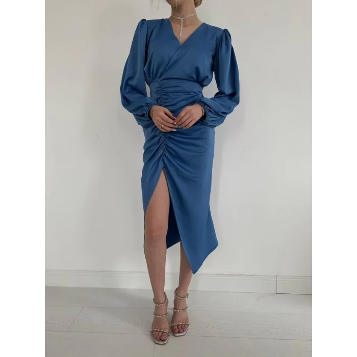 Mavi V Yaka Saten Elbise