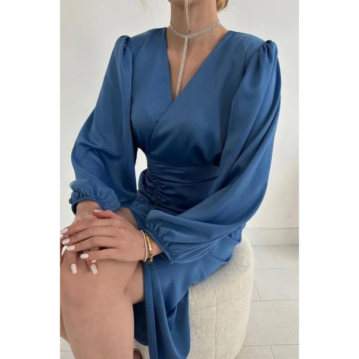 Mavi V Yaka Saten Elbise