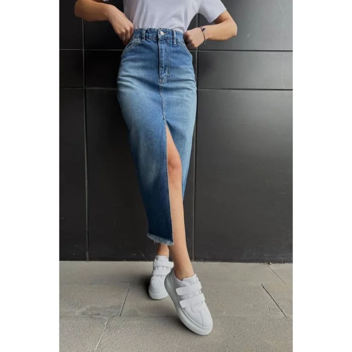 Mavi Yırtmaçlı Kot Etek