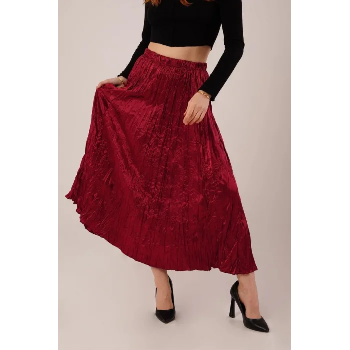 Midi Boy Pileli Saten Bordo Etek