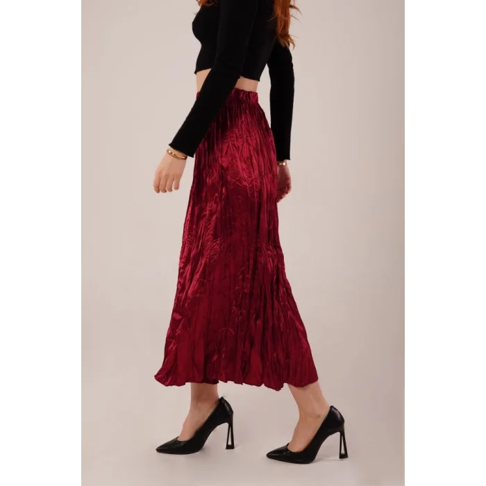 Midi Boy Pileli Saten Bordo Etek