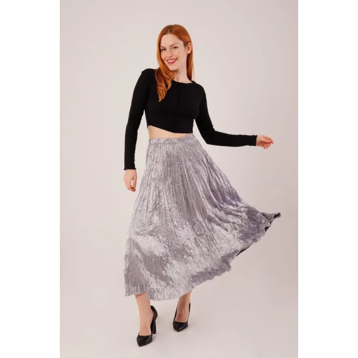 Midi Boy Pileli Saten Gri Etek