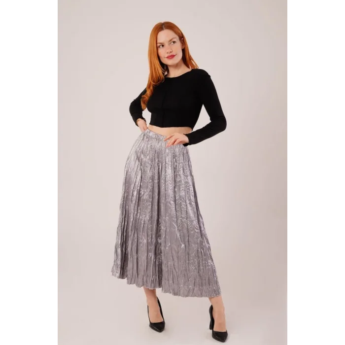 Midi Boy Pileli Saten Gri Etek