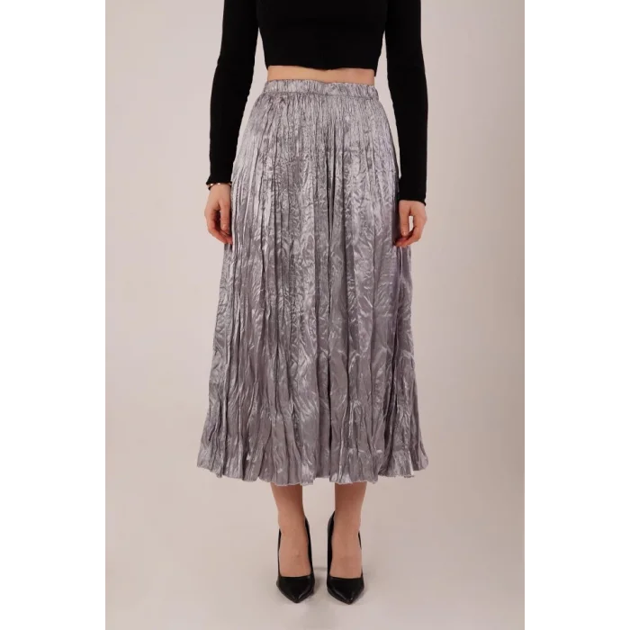 Midi Boy Pileli Saten Gri Etek