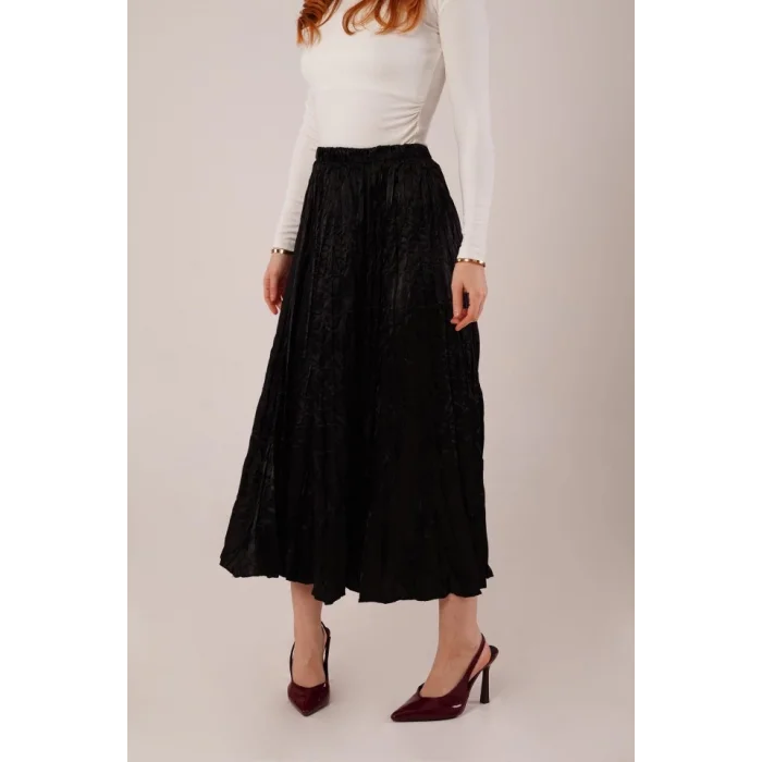 Midi Boy Pileli Saten Siyah Etek