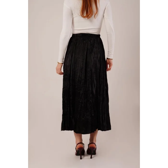 Midi Boy Pileli Saten Siyah Etek