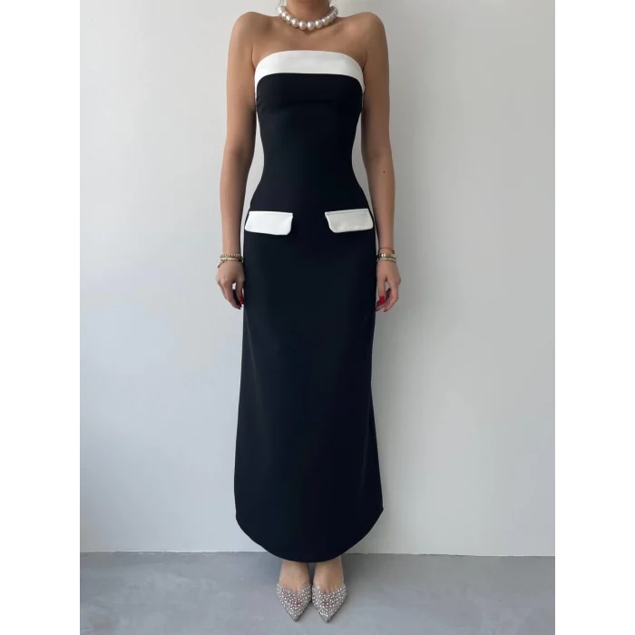 Cep Detaylı Straplez Elbise