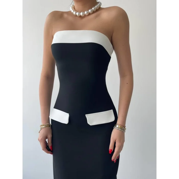 Cep Detaylı Straplez Elbise