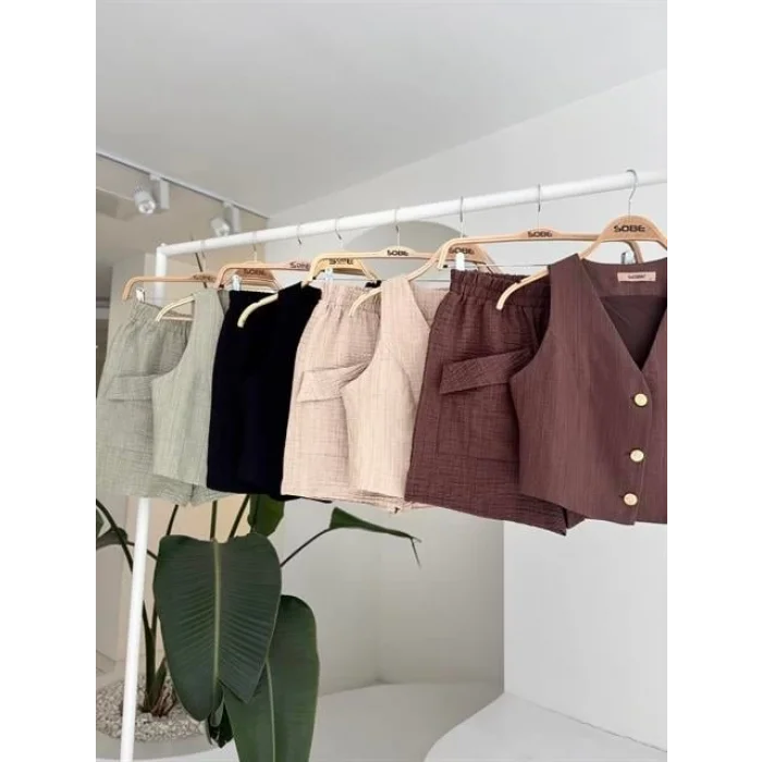 Mini Yelekli Şortlu Keten Takım 10176-08