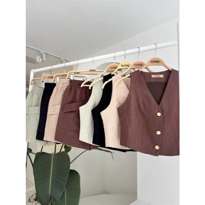 Mini Yelekli Şortlu Keten Takım 10176-08