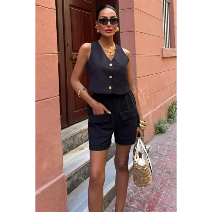 Mini Yelekli Şortlu Keten Takım 10176-08