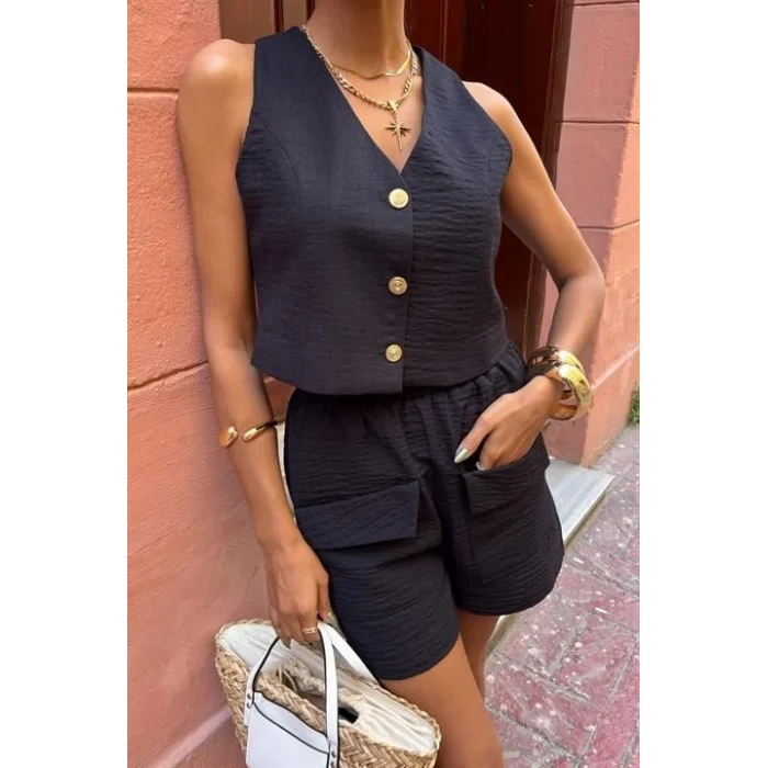 Mini Yelekli Şortlu Keten Takım 10176-08