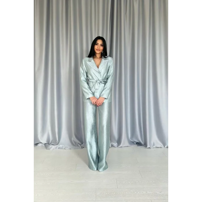 Mint Beli Kuşaklı Ceket Ve Pantolon Parlak Takım