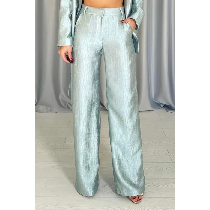 Mint Beli Kuşaklı Ceket Ve Pantolon Parlak Takım