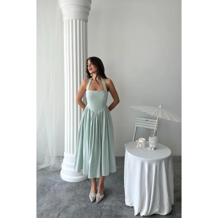 Mint Boyundan Bağlamalı Keten Elbise