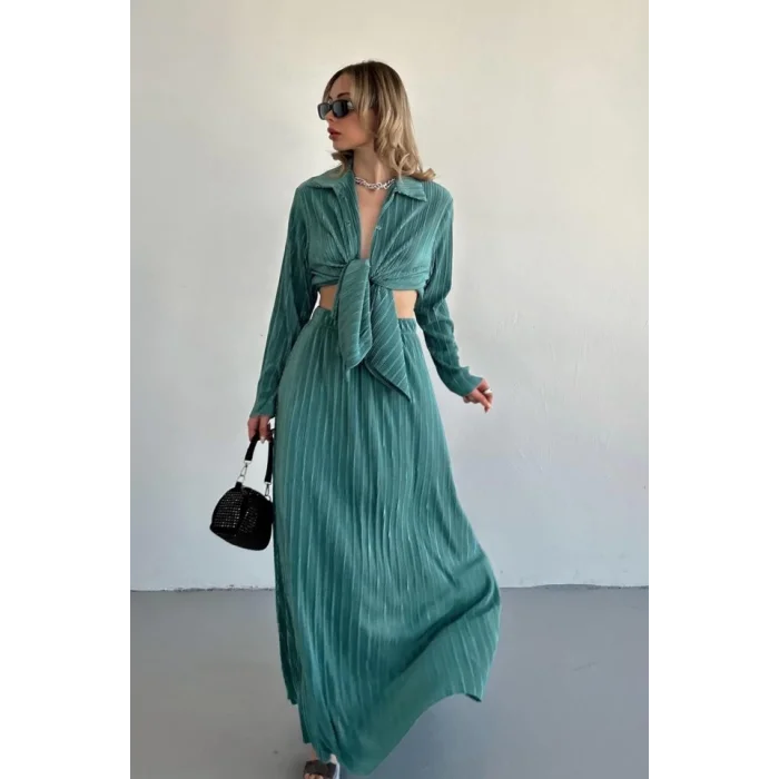 Mint Fitilli Gömlek Ve Uzun Etek Takım