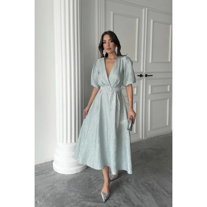 Mint Işıltılı Kemerli Kruvaze Elbise