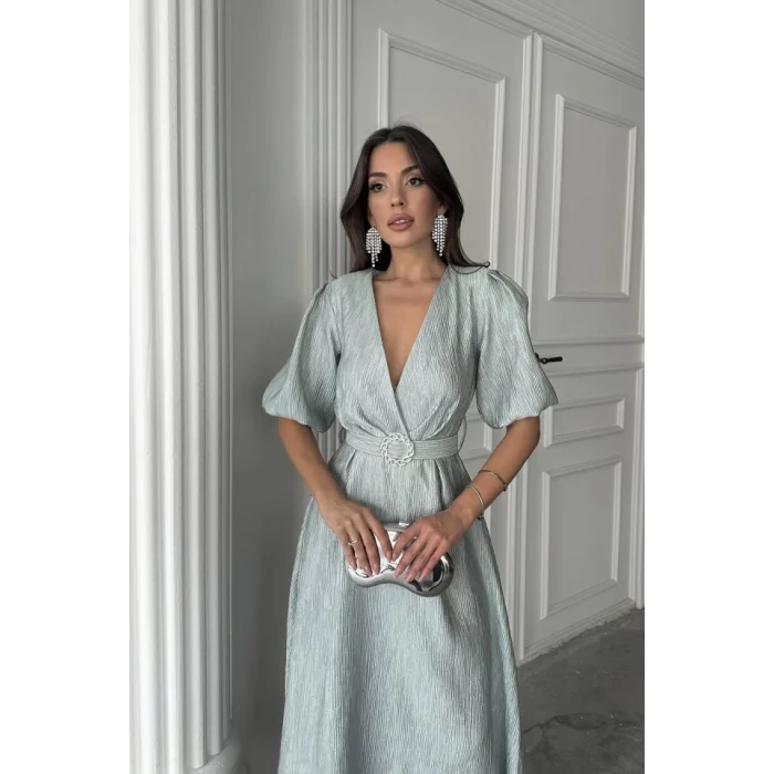 Mint Işıltılı Kemerli Kruvaze Elbise