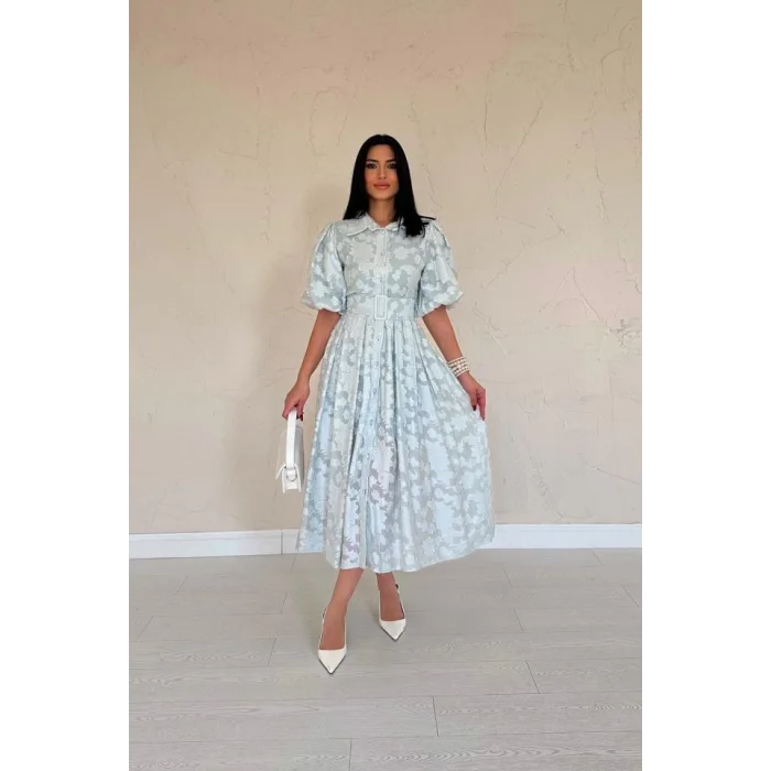 Mint Kemerli Balon Kollu Elbise