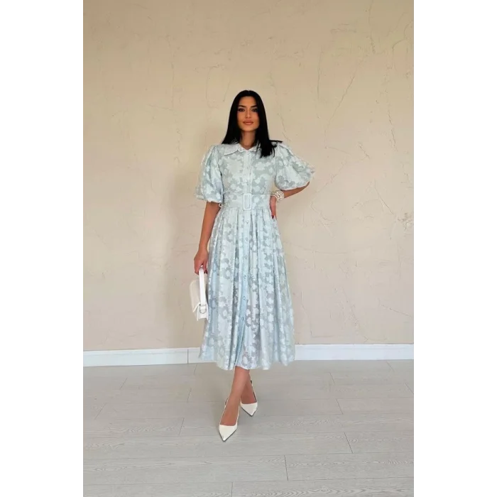 Mint Kemerli Balon Kollu Elbise