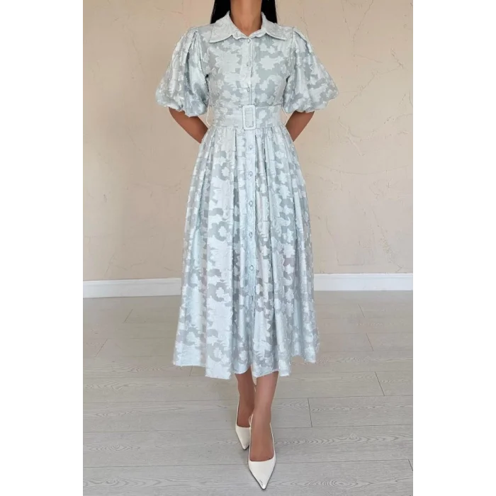 Mint Kemerli Balon Kollu Elbise