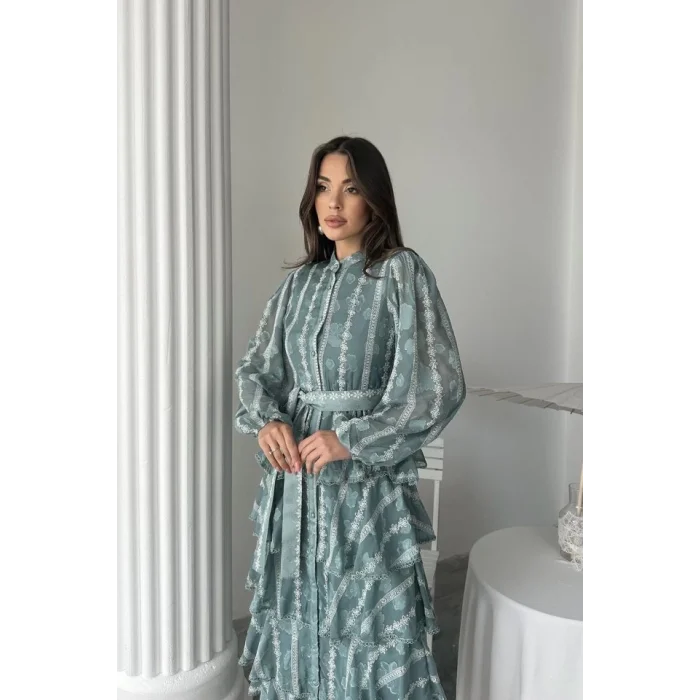 Mint Uzun Volanlı Elbise