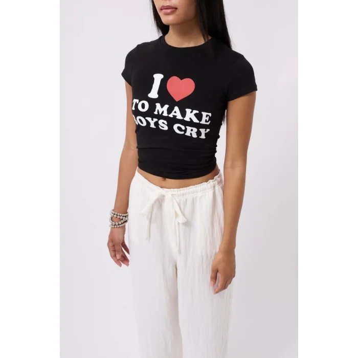 Nakış Detay Baskılı Crop T-Shirt