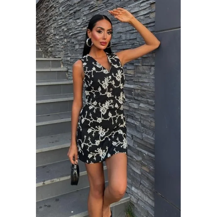 Nakışlı Yelek Şort Etekli Keten Takım 10226-08