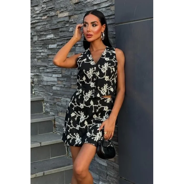 Nakışlı Yelek Şort Etekli Keten Takım 10226-08