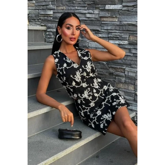 Nakışlı Yelek Şort Etekli Keten Takım 10226-08