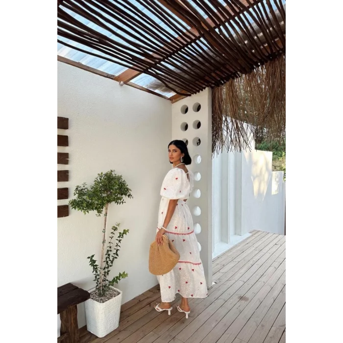 Nar Çiçeği Dantel Detaylı Brode Elbise