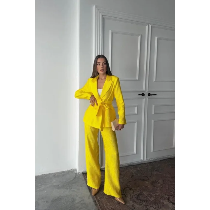 Neon Beli Kuşaklı Ceket Ve Pantolon Parlak Takım