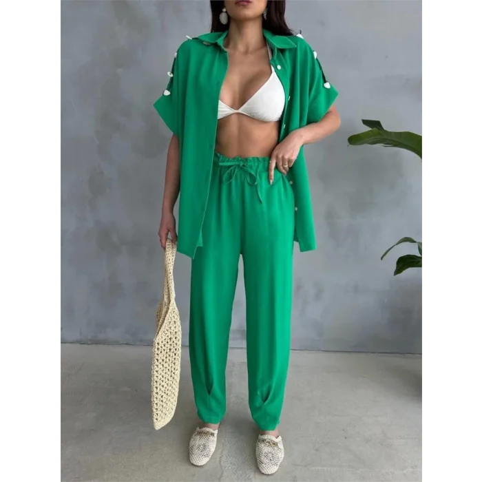 OMUZ MİDYE SIRALI BLUZ - PAÇA PENSLİ PANTOLON TAKIM - Yeşil