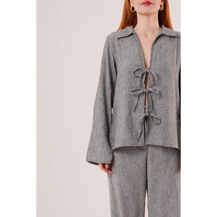 Ön Bağlama Detaylı Pantolon Ve Gömlek Antrasit İkili Takım