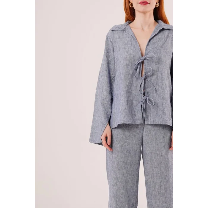 Ön Bağlama Detaylı Pantolon Ve Gömlek İndigo İkili Takım