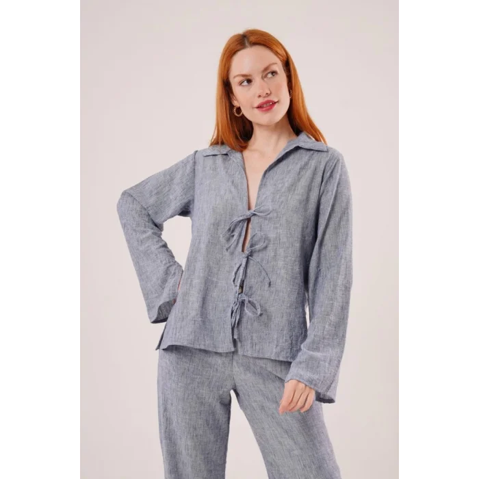 Ön Bağlama Detaylı Pantolon Ve Gömlek İndigo İkili Takım