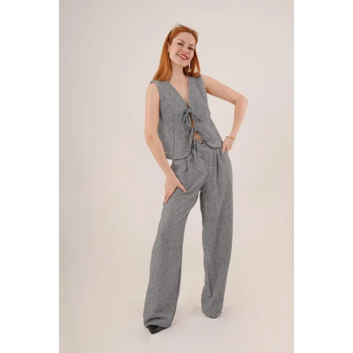 Ön Bağlama Detaylı Yelek Ve Pantolon Antrasit İkili Takım