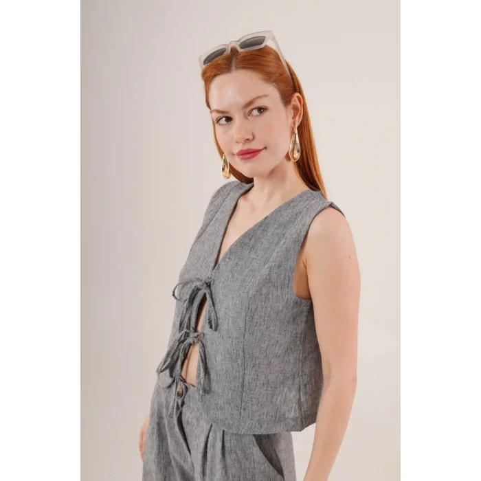 Ön Bağlama Detaylı Yelek Ve Pantolon Antrasit İkili Takım