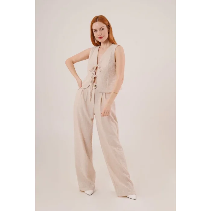 Ön Bağlama Detaylı Yelek Ve Pantolon Taş İkili Takım