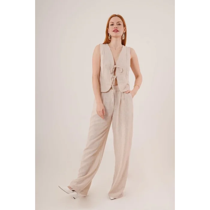 Ön Bağlama Detaylı Yelek Ve Pantolon Taş İkili Takım