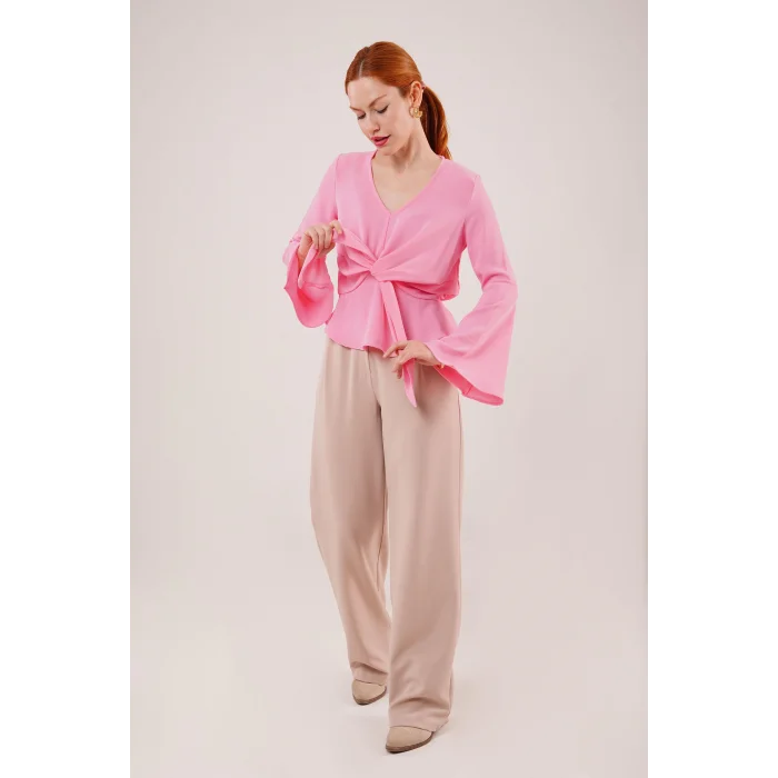 Ön Bağlamalı Volan Kol Pembe Bluz