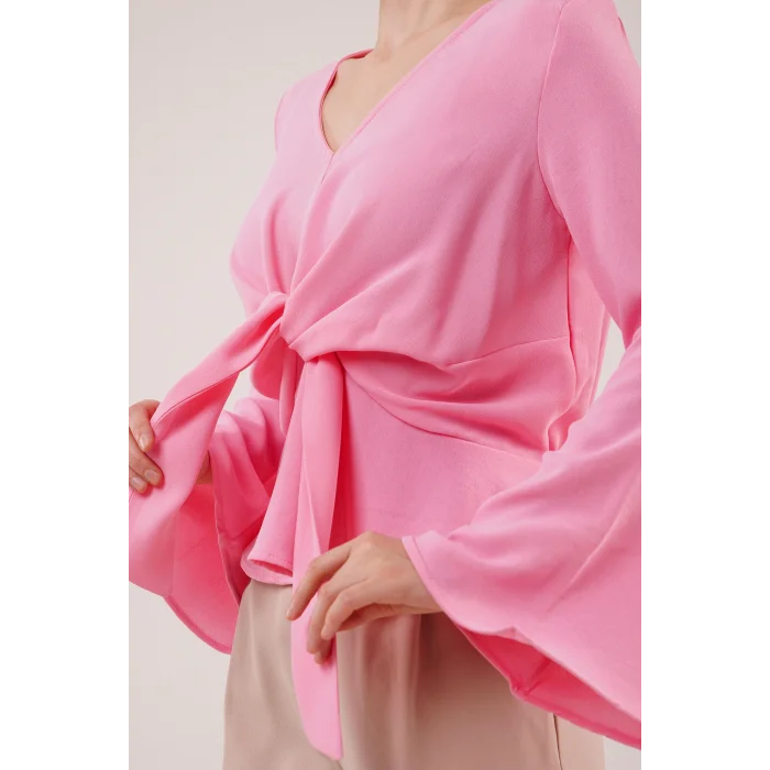 Ön Bağlamalı Volan Kol Pembe Bluz