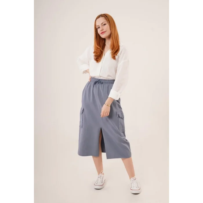 Ön Yırtmaçlı Cep Detaylı İndigo Etek