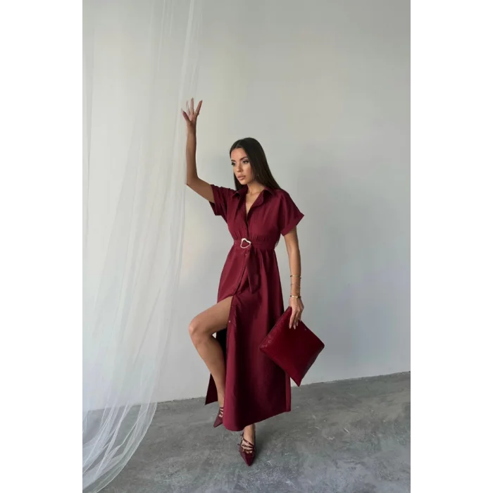 ÖNDEN DÜĞMELİ CRUSHLI MODAL ELBİSE - Bordo