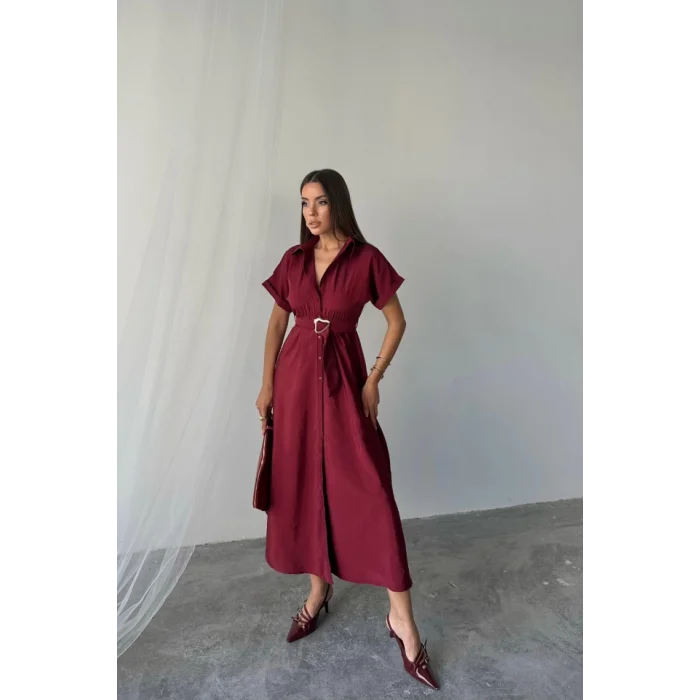 ÖNDEN DÜĞMELİ CRUSHLI MODAL ELBİSE - Bordo