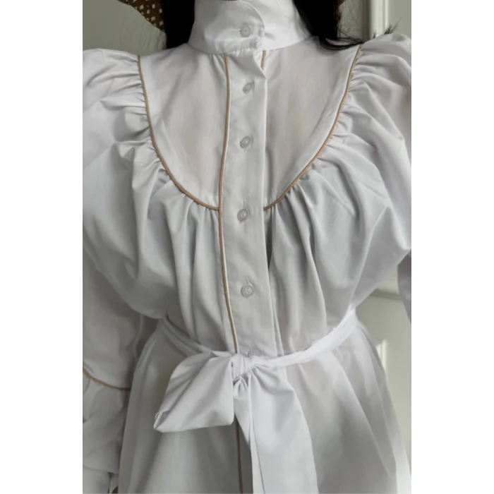 ÖNDEN DÜĞMELİ POPLİN KLOŞ ELBİSE BAĞLAMA KEMER DETAYLI - Beyaz