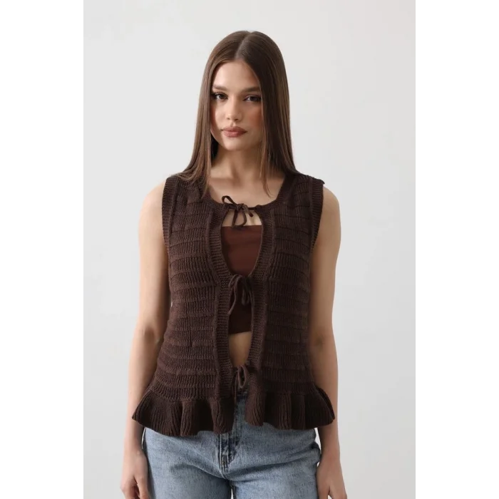 Önü Bağlamalı Yelek - Kahve